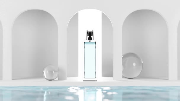 白を背景にアーチの下に丸いスタンドに置かれた現代的な化粧品の明るい瓶 3Dレンダリング — ストック動画