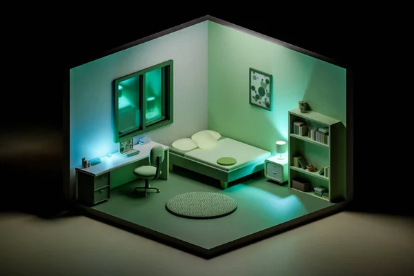 3Dレンダリング大きなベッドワークスペースの本棚と夜に青と緑のライトを照らすランプと現代のベッドルームの低ポリイラスト — ストック写真