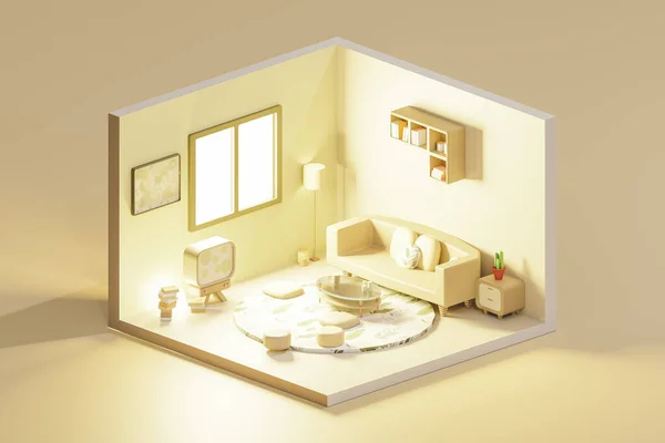 3Dレンダリング低ポリ現代的なラウンジエリアのイラストベージュソファは テレビセットと輝く床ランプと光の部屋の本棚の下にガラスコーヒーテーブルの近くに配置 — ストック写真