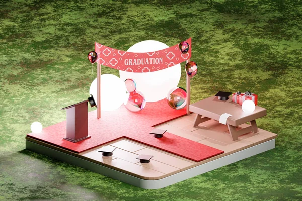 現代的な空間の低ポリイラストを3Dレンダリングし 赤いカーペットが風船のプレゼントや儀式のための学術キャップで飾られた表彰台につながる — ストック写真