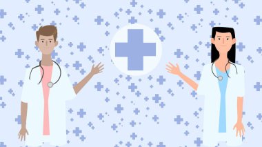 Mor arka planda tıbbi haç simgelerine bakan erkek ve kadın doktorları karşılayan 2D vektör çizimi