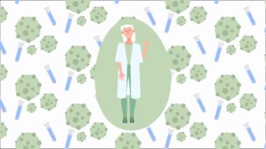 Beyaz üniformalı kadın pratisyenin 2D animasyonu. Parmak kaldırıyor, tavsiye veriyor. Arka planda tüpler ve virüslerle ilgili sorunlara dikkat çekiyor.