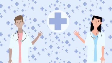 Mor arka planda tıbbi haç simgelerine bakan erkek ve kadın doktorları karşılayan 2D animasyon.