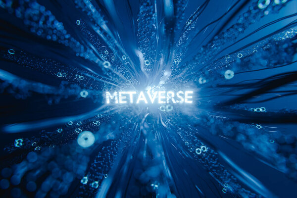 3d render. The word metaverse illuminated and glowing on a futuristic animated background. Technology, futuristic and network concept.