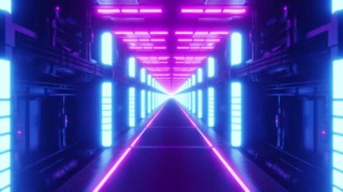 Yuvarlak koridorun 3D animasyon döngüsü parlak mavi ve mor neonlarla aydınlatılmış gelecekçi uzay gemisinin içinde