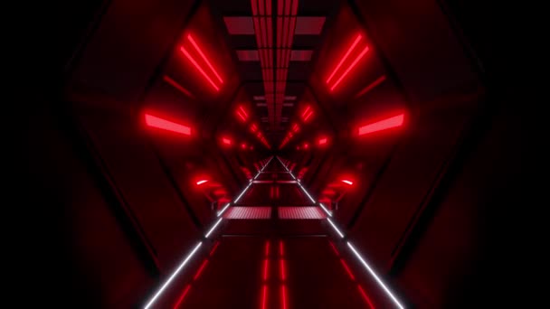 未来のエイリアン宇宙船の中に明るいランプで照らされた丸い廊下の3Dアニメーションループ — ストック動画