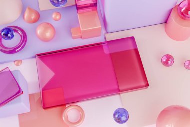 3 boyutlu görüntüleme topların yüksek açısı halka konileri ve küpleri pembe arkaplan üzerinde büyük dikdörtgen içine yerleştirin