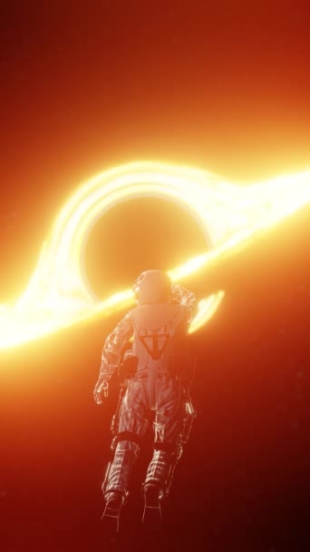 宇宙服の宇宙飛行士の3Dレンダリング宇宙でオレンジ色の光で輝くブラックホールに向かって飛んで — ストック動画