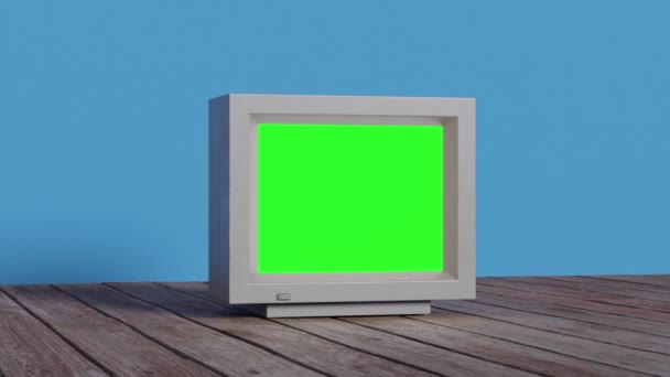 Altmodischer Brauner Monitor Mit Grünem Bildschirm Für Chroma Auf Holzboden — Stockvideo