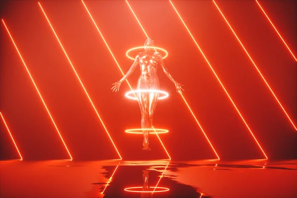 3D render of human body inside glowing rings levitating above ground with puddles against red neon lines in dark spacial sci-fi scene