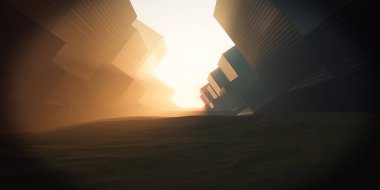 Geometrik şekillerin ve gökdelenlerin, akşam vakti, turuncu günbatımı gökyüzünün altında, 3 boyutlu çizimi
