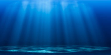 3D resimleme: Koyu mavi denizin tabanı. Gün boyunca güneş ışınları tarafından aydınlatılan berrak su.