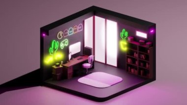 Çağdaş ofis odasının iç mekânının 3 boyutlu animasyonu. Masasında karanlık duvarlar, panoramik pencereler ve kitaplığın yanında neon panolar var. Kusursuz döngü