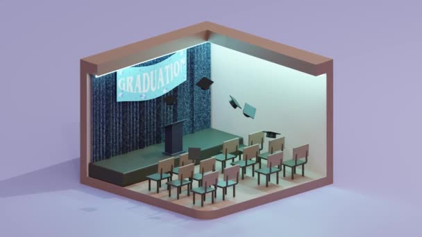 Sahnenin Önünde Sandalyeli Küçük Bir Salon Yüzen Akademik Şapkalara Karşı — Stok video