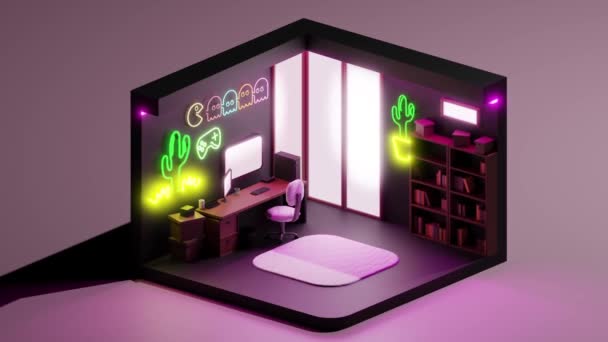 Çağdaş Ofis Odasının Mekânının Boyutlu Animasyonu Masasında Karanlık Duvarlar Panoramik — Stok video