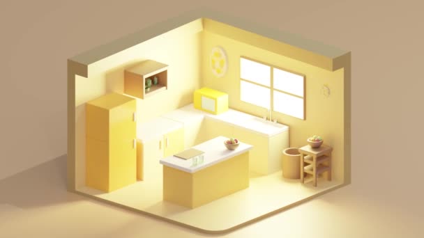 Петля Низкий Поли Современного Желтого Дизайна Кухни Холодильником Помещен Рядом — стоковое видео
