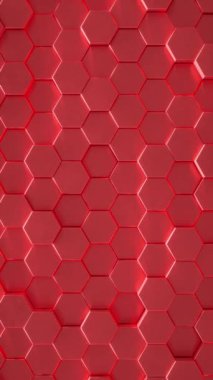 Sarı altıgenlerden yapılmış, titreşen ve senkronize hareket eden duvarın geometrik arkaplanının üç boyutlu dikey animasyon döngüsü