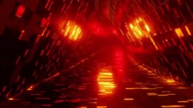 3D canlandırma döngüsü gerçek zamanlı fütüristik sonsuzluk tüneli birçok cam kare şeklindeki parçalardan yapılmış ve kırmızı neon ışıklarıyla aydınlatılmış.