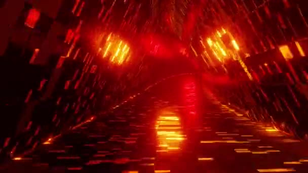 3Dレンダリングループアニメーション多くのガラスの正方形の作品で作られ 赤いネオンライトによって照らされた未来的な無限トンネルのリアルタイム — ストック動画
