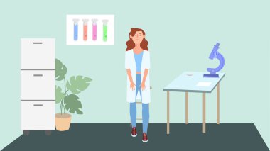 Hastanede çalışırken mikroskop ve laboratuvar tüplerinin görüntüsü olan beyaz cüppeli kadın pratisyen hekimin 2B vektör çizimi