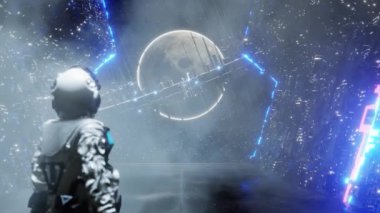 3D animation of astronaut standing in spaceship and observing alien planet surrounded with sci fi ring