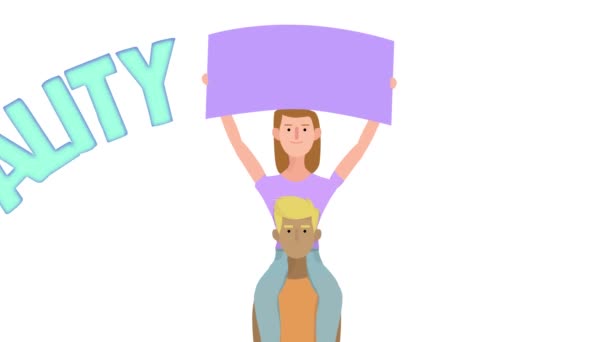 Анимация Улыбающейся Женщины Сидящей Плечах Мужчины Плакатом Надписью Равенство Защите — стоковое видео