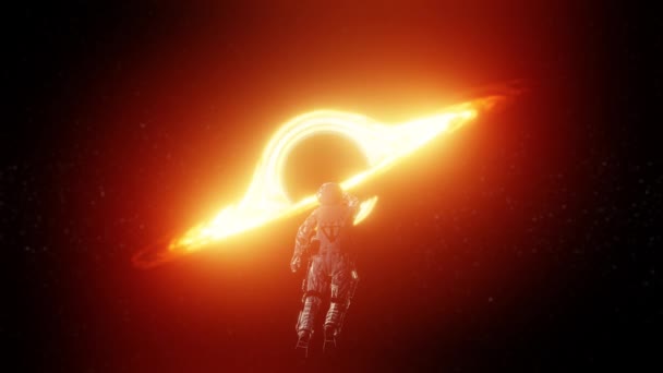 Render Animation Astronaut Spacesuit Flying Black Hole Glowing Orange Light — Videoclip de stoc