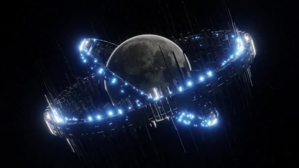 Анімація Футуристичного Супутникового Кільця Світиться Синім Неоновим Світлом Навколо Сірого — стокове відео