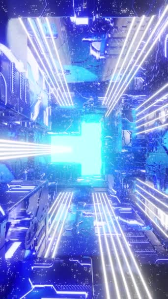 明るい緑のネオン照明と未来の宇宙船の幾何学的廊下の3Dアニメーション — ストック動画