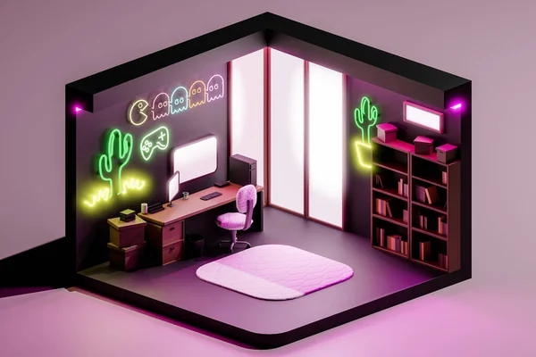 3Dレンダリング パノラマウィンドウと本棚の近くのネオン看板との暗い壁に対するテーブル上のコンピュータが付いている現代オフィスの部屋の内部の低ポリイラスト — ストック写真