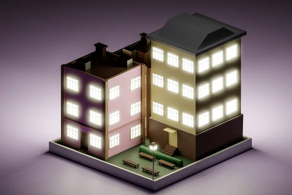 Візуалізація Низька Полі Ілюстрація Простої Багатоповерхової Будівлі Світильниками Вікнах Вуличним — стокове фото