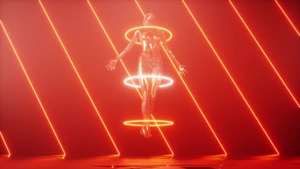 Render Human Body Glowing Rings Levitating Ground Puddles Neon Lines — Stock Video