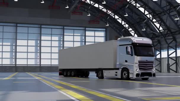 Rendering Van Moderne Zware Vrachtwagen Met Aanhanger Glanzende Bumper Geparkeerd — Stockvideo