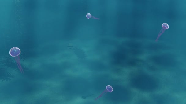 Återgivning Animation Små Maneter Flyter Botten Blått Hav Med Solstrålar — Stockvideo