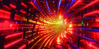 Çok sayıda cam kare şeklindeki ve çok renkli neon ışıklarla aydınlatılan 3D fütüristik sonsuzluk tüneli.