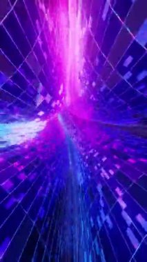 3D döngü animasyonu. Birçok cam kare parçasından yapılmış ve çok renkli neon ışıklarla aydınlatılmış gelecekteki sonsuzluk tünelinin gerçek zamanı.