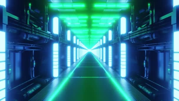 未来のエイリアン宇宙船内で明るい緑色の青いネオンで照らされた円形回廊の3Dアニメーションループ — ストック動画