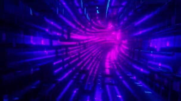 许多玻璃方块做成的 由彩色霓虹灯照明的未来主义无限隧道三维渲染循环动画的实时性 — 图库视频影像