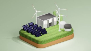 Üç boyutlu animasyon, ağaçların yakınındaki yeşil çimenlikteki düşük polimerli binayı döndürür güneş panelleri yere yerleştirilir ve rüzgar türbinleri alternatif enerji konseptini oluşturur. İzometrik görünüm