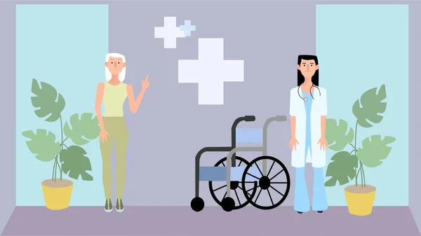 身穿白衣的年轻女性从业者和坐在轮椅上的老年女性进入医院的平面图例 2D病媒 — 图库矢量图片