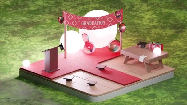 3Dループ低ポリコンテンポラリースペース バルーンで飾られた表彰台につながるレッドカーペットと大学での式典のためのアカデミックキャップ — ストック動画