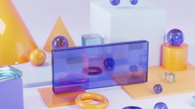 Logo görüntüsü için beyaz arkaplanda düzenlenmiş çeşitli renkli geometrik şekillerin yavaş çekimde 3D animasyonunu yakınlaştır