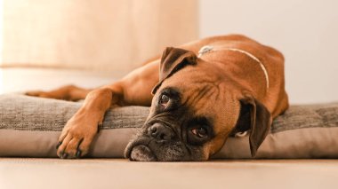 Sevimli boksör köpeği rahat bir evcil hayvan yatağında dinleniyor ve gündüz vakti ışık odasında kameraya bakıyor.