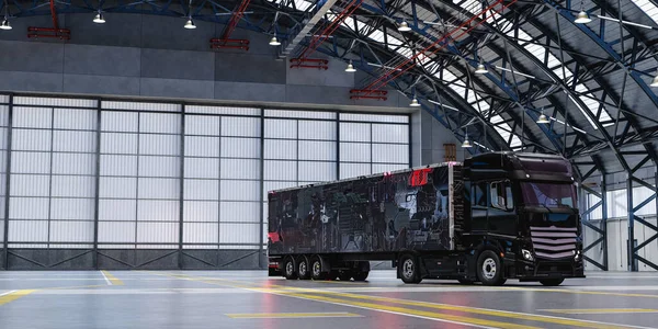 3D rendering of futuristic heavy truck with trailer parked in big spacious warehouse or garage
