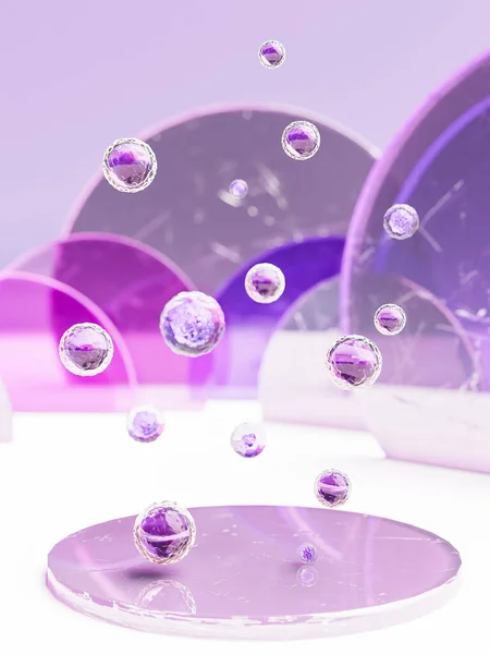 Rendering Shiny Small Spheres Floating Crystal Pedestal Decorative Panels Light — Stock Photo, Image