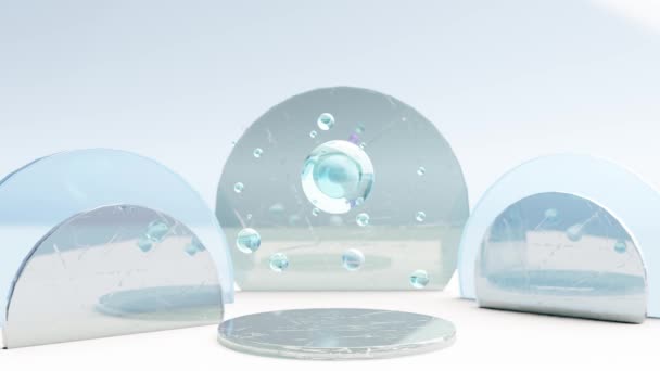 Animering Loop Glödande Rena Kristaller Flytande Ovanför Glas Rund Display — Stockvideo