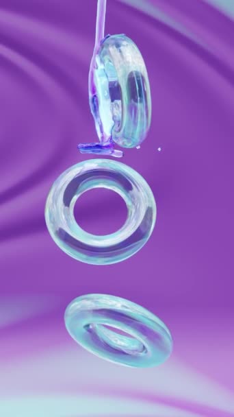 コンピュータは波線が付いている紫色の背景に対して無限に透明なリングを回す水の3D遅い動きを生成しました — ストック動画