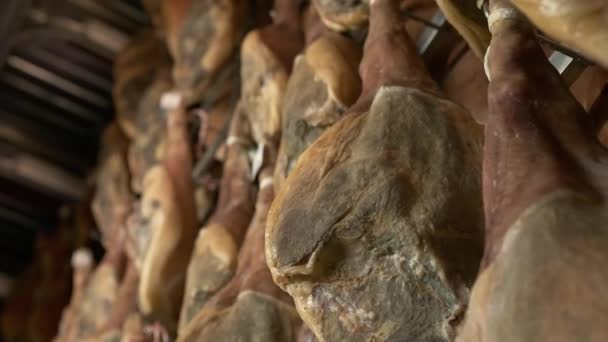 Jamon Serrano Schweinebeine Fabrik Hängen Einer Industrie Beine Von Iberischen — Stockvideo