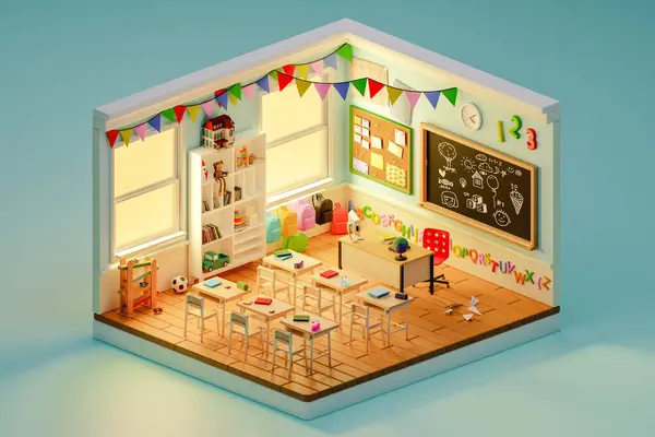 Cartoon Weergave Van Moderne School Klaslokaal Voor Kinderen Met Speelgoed — Stockfoto