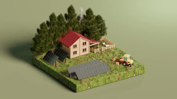 Rendered Animation Loop Cottage Verdant Trees Located Grassy Lawn Tractor — Stock Video
